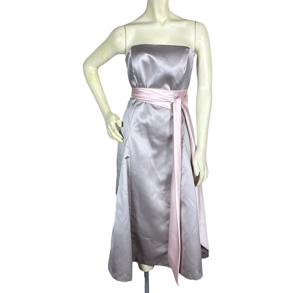 After Six Strapless Bridesmaid Dress Tea Midi Silver with Pink Waist Sash 10 - Picture 2 of 13